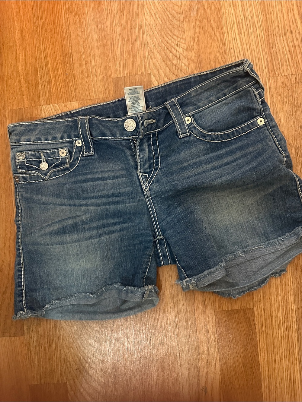 True Religion Faded Blue Distressed Denim Shorts